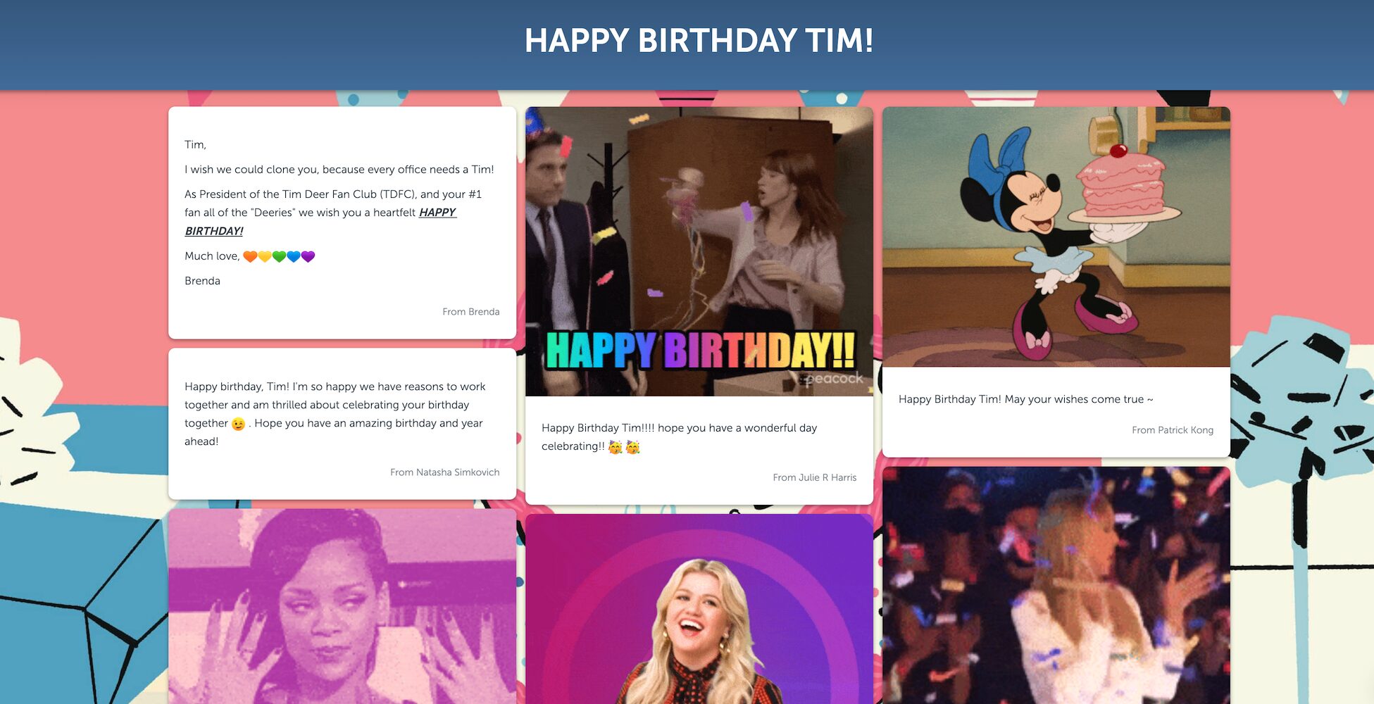 Group greeting card example featuring photos and GIFs on a colorful Kudoboard